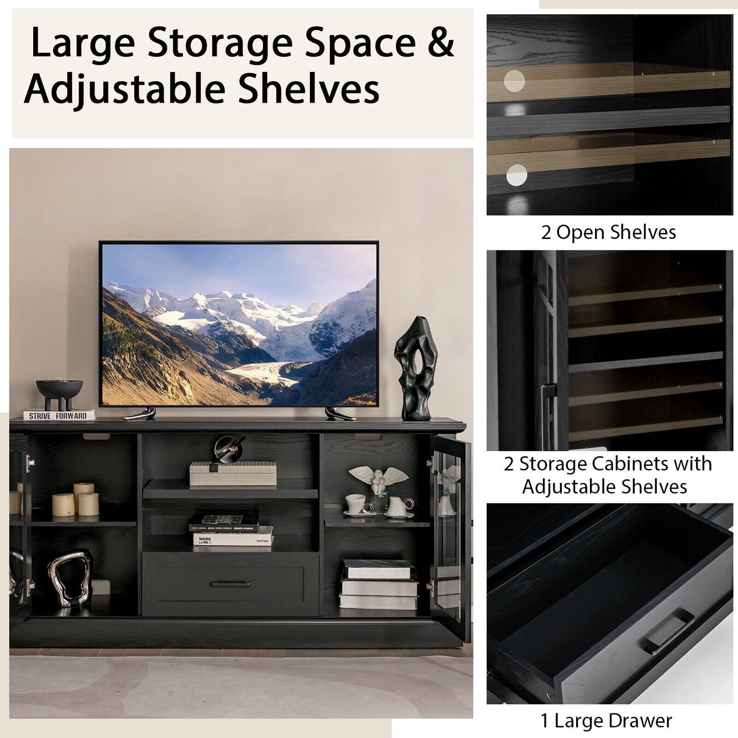 Modern TV Stand with Glass Doors Drawer and Storage Cubbies for TVs up to 70 Inches - Black