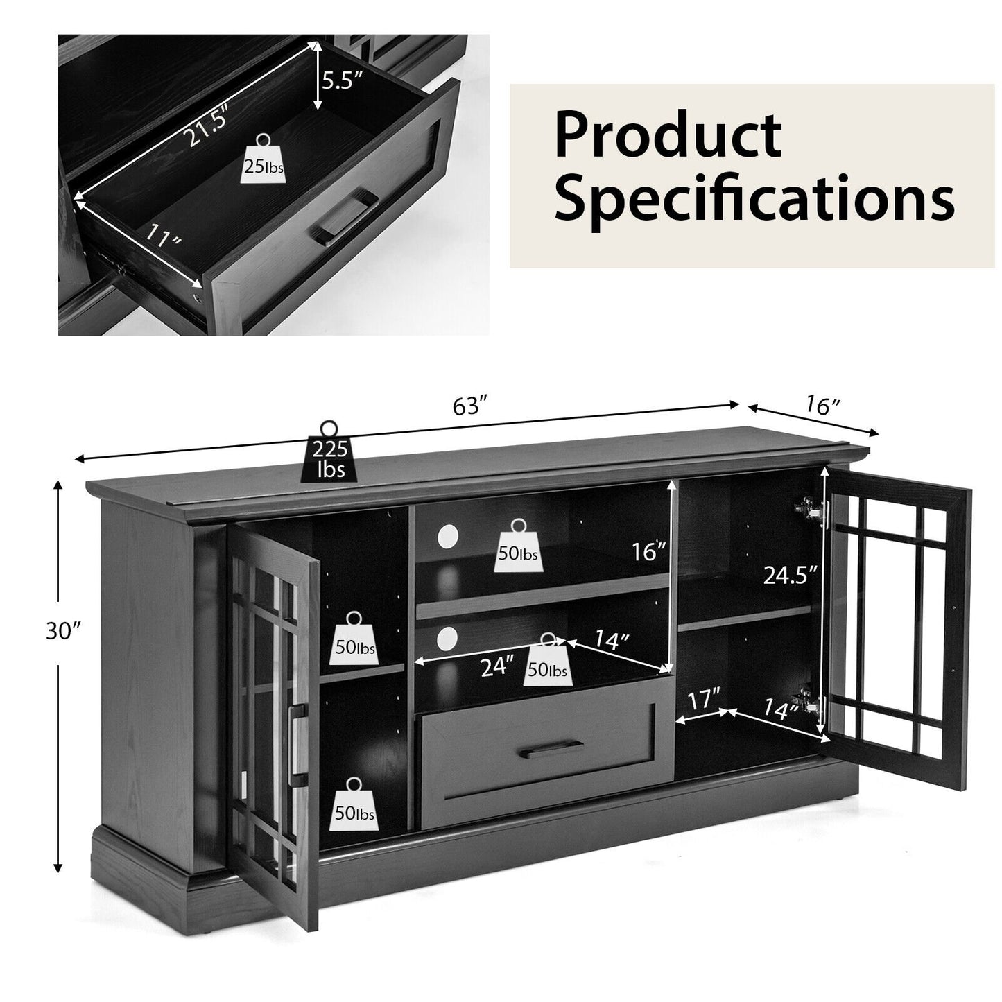 Modern TV Stand with Glass Doors Drawer and Storage Cubbies for TVs up to 70 Inches - Black