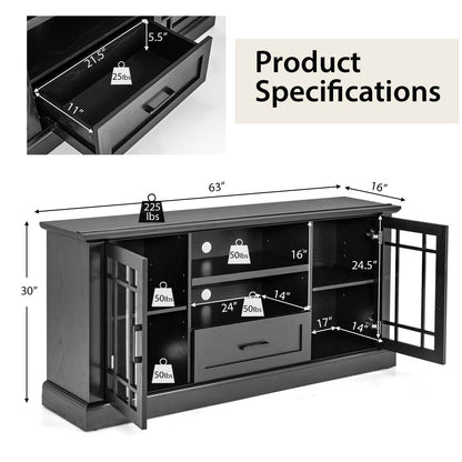 Modern TV Stand with Glass Doors Drawer and Storage Cubbies for TVs up to 70 Inches - Black
