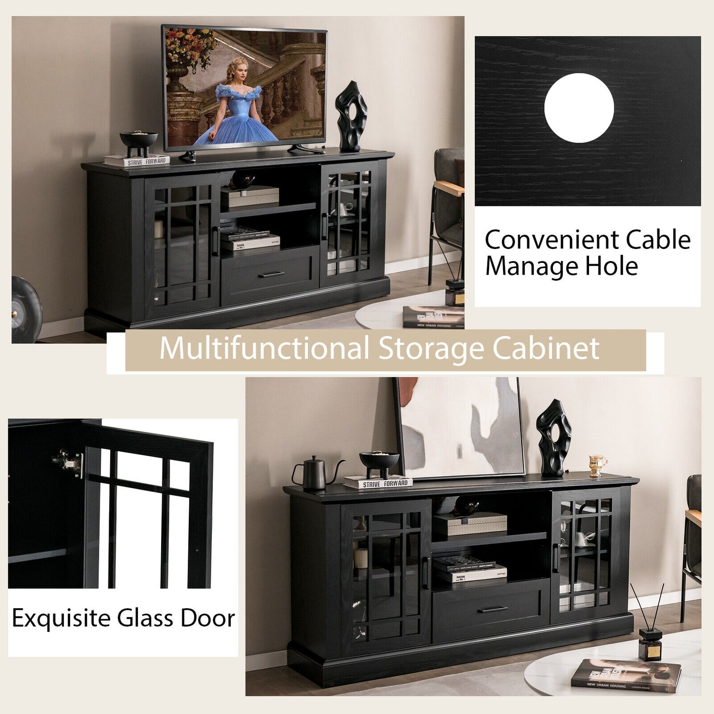Modern TV Stand with Glass Doors Drawer and Storage Cubbies for TVs up to 70 Inches - Black