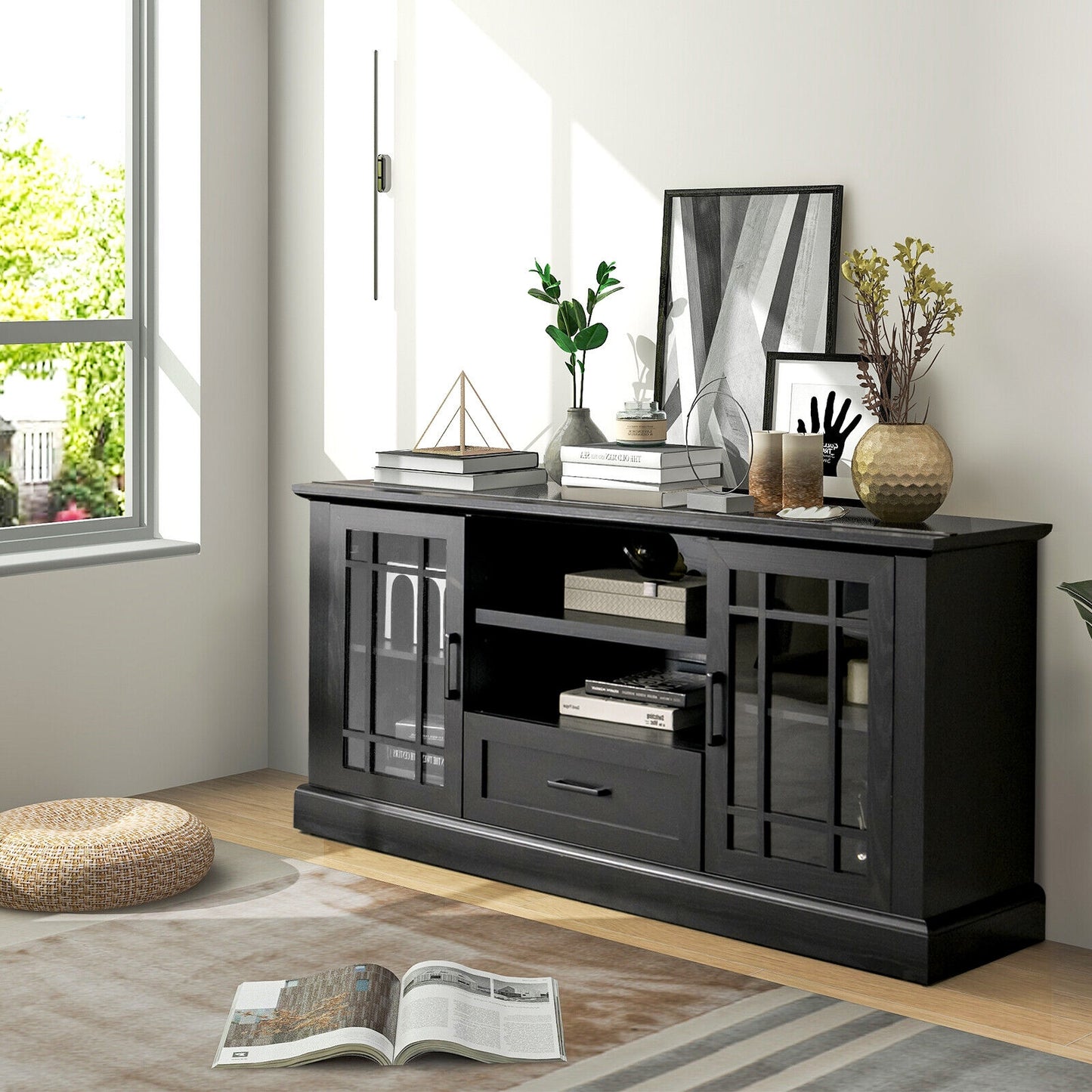 Modern TV Stand with Glass Doors Drawer and Storage Cubbies for TVs up to 70 Inches - Black