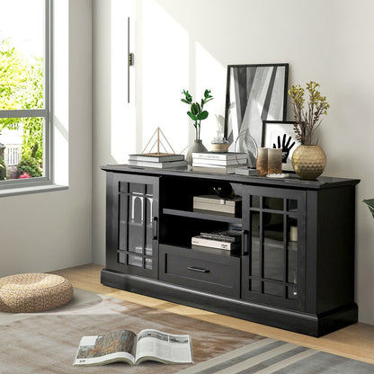 Modern TV Stand with Glass Doors Drawer and Storage Cubbies for TVs up to 70 Inches - Black