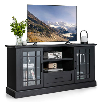 Modern TV Stand with Glass Doors Drawer and Storage Cubbies for TVs up to 70 Inches - Black