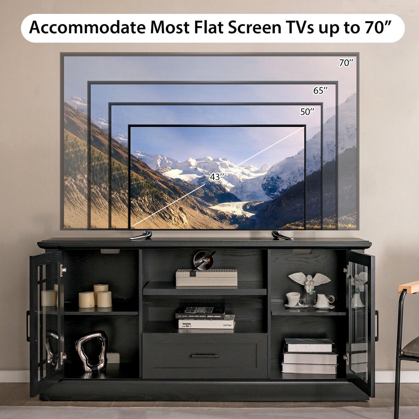 Modern TV Stand with Glass Doors Drawer and Storage Cubbies for TVs up to 70 Inches - Black