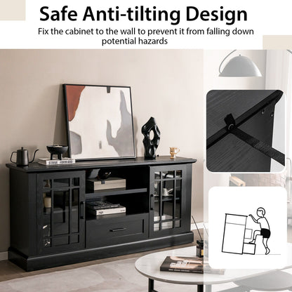 Modern TV Stand with Glass Doors Drawer and Storage Cubbies for TVs up to 70 Inches - Black
