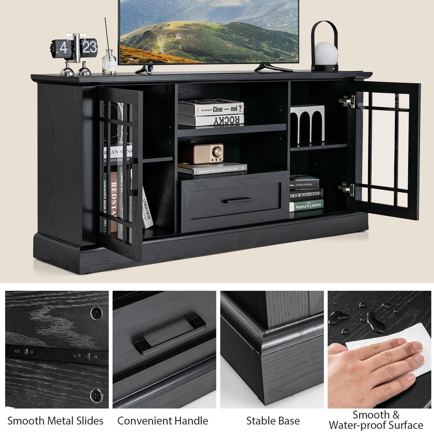 Modern TV Stand with Glass Doors Drawer and Storage Cubbies for TVs up to 70 Inches - Black