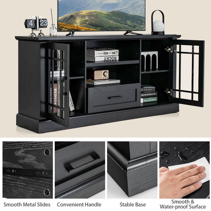 Modern TV Stand with Glass Doors Drawer and Storage Cubbies for TVs up to 70 Inches - Black