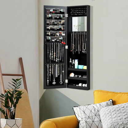 Wall & Door Mounted Full Length Mirror Jewelry Armoire with Ring Slots, Necklace Hooks and Storage Shelves – Black