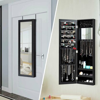 Wall & Door Mounted Full Length Mirror Jewelry Armoire with Ring Slots, Necklace Hooks and Storage Shelves – Black