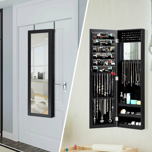 Wall & Door Mounted Full Length Mirror Jewelry Armoire with Ring Slots, Necklace Hooks and Storage Shelves – Black