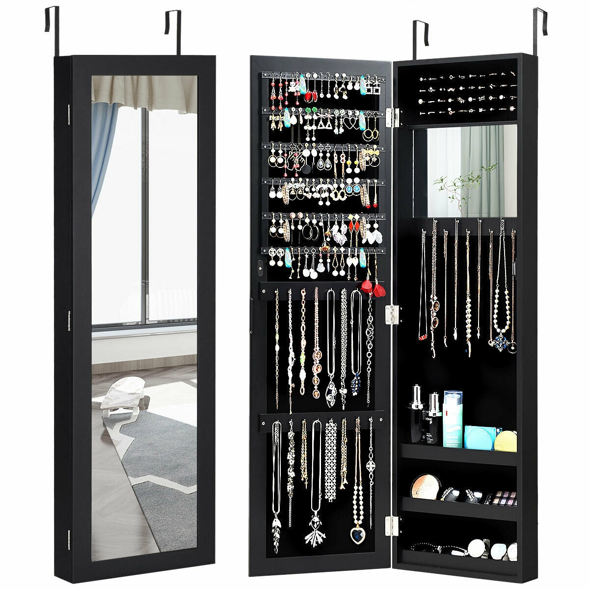 Wall & Door Mounted Full Length Mirror Jewelry Armoire with Ring Slots, Necklace Hooks and Storage Shelves – Black
