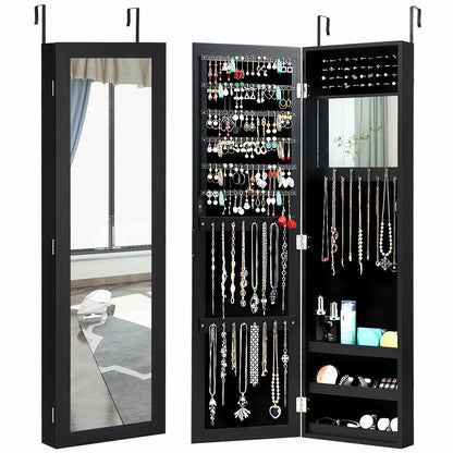 Wall & Door Mounted Full Length Mirror Jewelry Armoire with Ring Slots, Necklace Hooks and Storage Shelves – Black