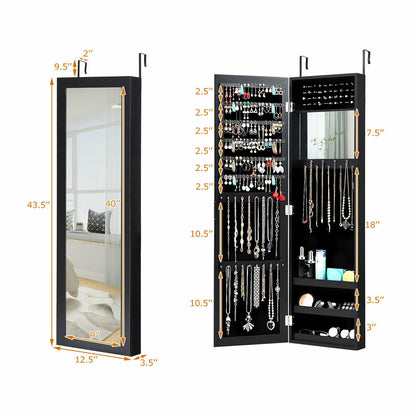 Wall & Door Mounted Full Length Mirror Jewelry Armoire with Ring Slots, Necklace Hooks and Storage Shelves – Black