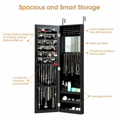 Wall & Door Mounted Full Length Mirror Jewelry Armoire with Ring Slots, Necklace Hooks and Storage Shelves – Black