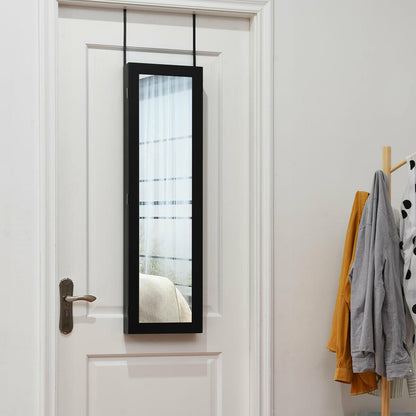 Wall & Door Mounted Full Length Mirror Jewelry Armoire with Ring Slots, Necklace Hooks and Storage Shelves – Black