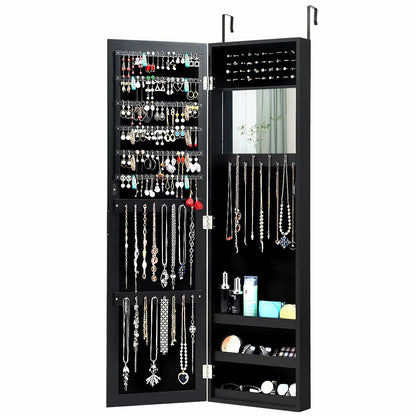 Wall & Door Mounted Full Length Mirror Jewelry Armoire with Ring Slots, Necklace Hooks and Storage Shelves – Black