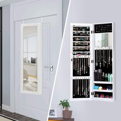 Wall & Door Mounted Full Length Mirror Jewelry Armoire with Ring Slots, Necklace Hooks and Storage Shelves – White