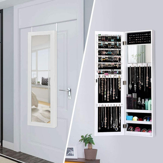 Wall & Door Mounted Full Length Mirror Jewelry Armoire with Ring Slots, Necklace Hooks and Storage Shelves – White