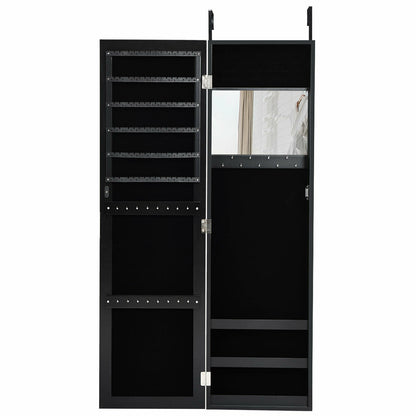 Wall & Door Mounted Full Length Mirror Jewelry Armoire with Ring Slots, Necklace Hooks and Storage Shelves – Black