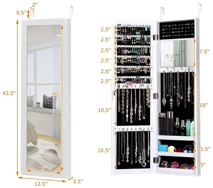 Wall & Door Mounted Full Length Mirror Jewelry Armoire with Ring Slots, Necklace Hooks and Storage Shelves – White