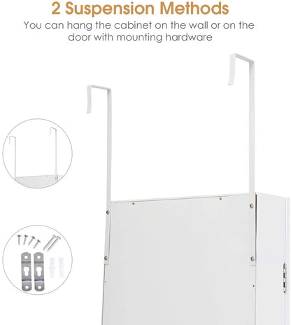Wall & Door Mounted Full Length Mirror Jewelry Armoire with Ring Slots, Necklace Hooks and Storage Shelves – White