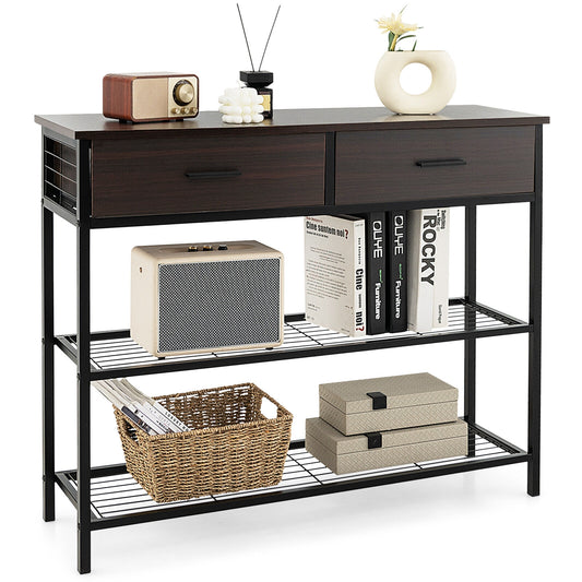 2 Drawer Console Table with Open Shelves for Entryway or Living Room - Dark Brown