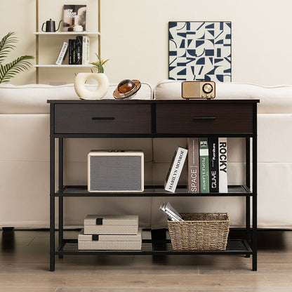2 Drawer Console Table with Open Shelves for Entryway or Living Room - Dark Brown