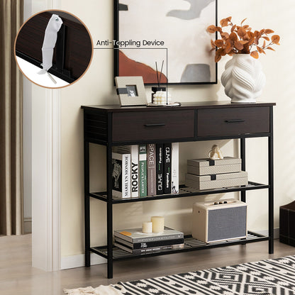 2 Drawer Console Table with Open Shelves for Entryway or Living Room - Dark Brown