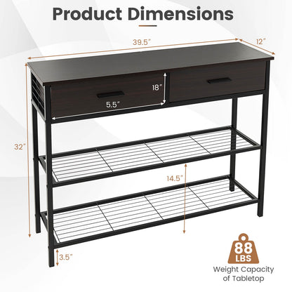 2 Drawer Console Table with Open Shelves for Entryway or Living Room - Dark Brown