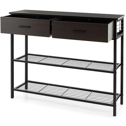 2 Drawer Console Table with Open Shelves for Entryway or Living Room - Dark Brown