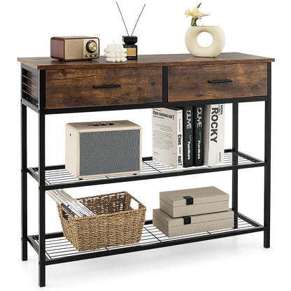 2 Drawer Console Table with Open Shelves for Entryway or Living Room - Rustic Brown