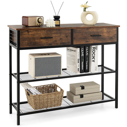2 Drawer Console Table with Open Shelves for Entryway or Living Room - Rustic Brown