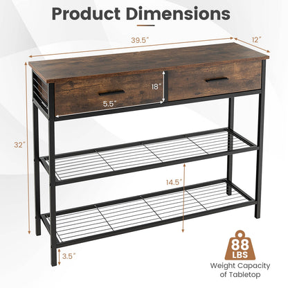 2 Drawer Console Table with Open Shelves for Entryway or Living Room - Rustic Brown