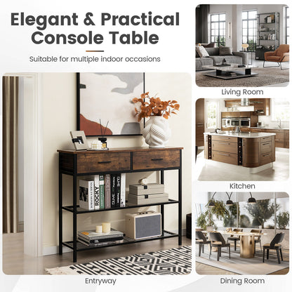 2 Drawer Console Table with Open Shelves for Entryway or Living Room - Rustic Brown