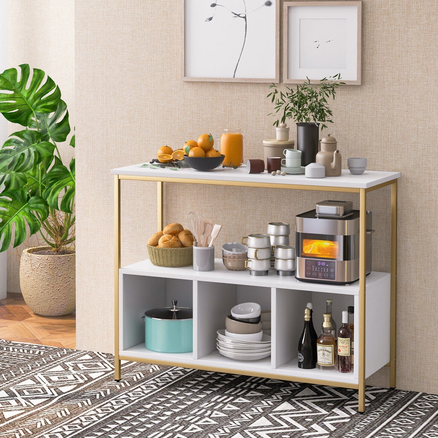 Multipurpose Buffet Sideboard Cabinet with Open Shelves and Storage Compartments - White