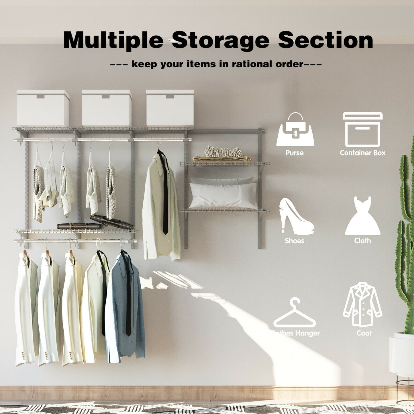 Adjustable Wall-Mounted Closet Organizer System - 3 to 6 Feet with Shelves, Hang Rods & Customizable Storage Solution