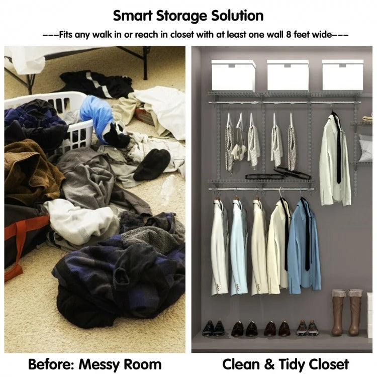 Adjustable Wall-Mounted Closet Organizer System - 3 to 6 Feet with Shelves, Hang Rods & Customizable Storage Solution