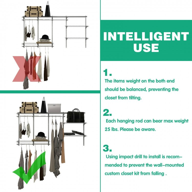 Adjustable Wall-Mounted Closet Organizer System - 3 to 6 Feet with Shelves, Hang Rods & Customizable Storage Solution