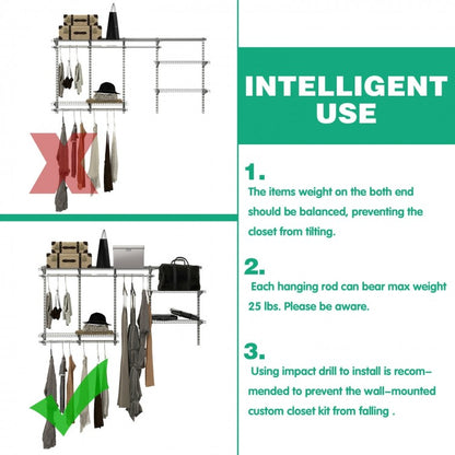 Adjustable Wall-Mounted Closet Organizer System - 3 to 6 Feet with Shelves, Hang Rods & Customizable Storage Solution