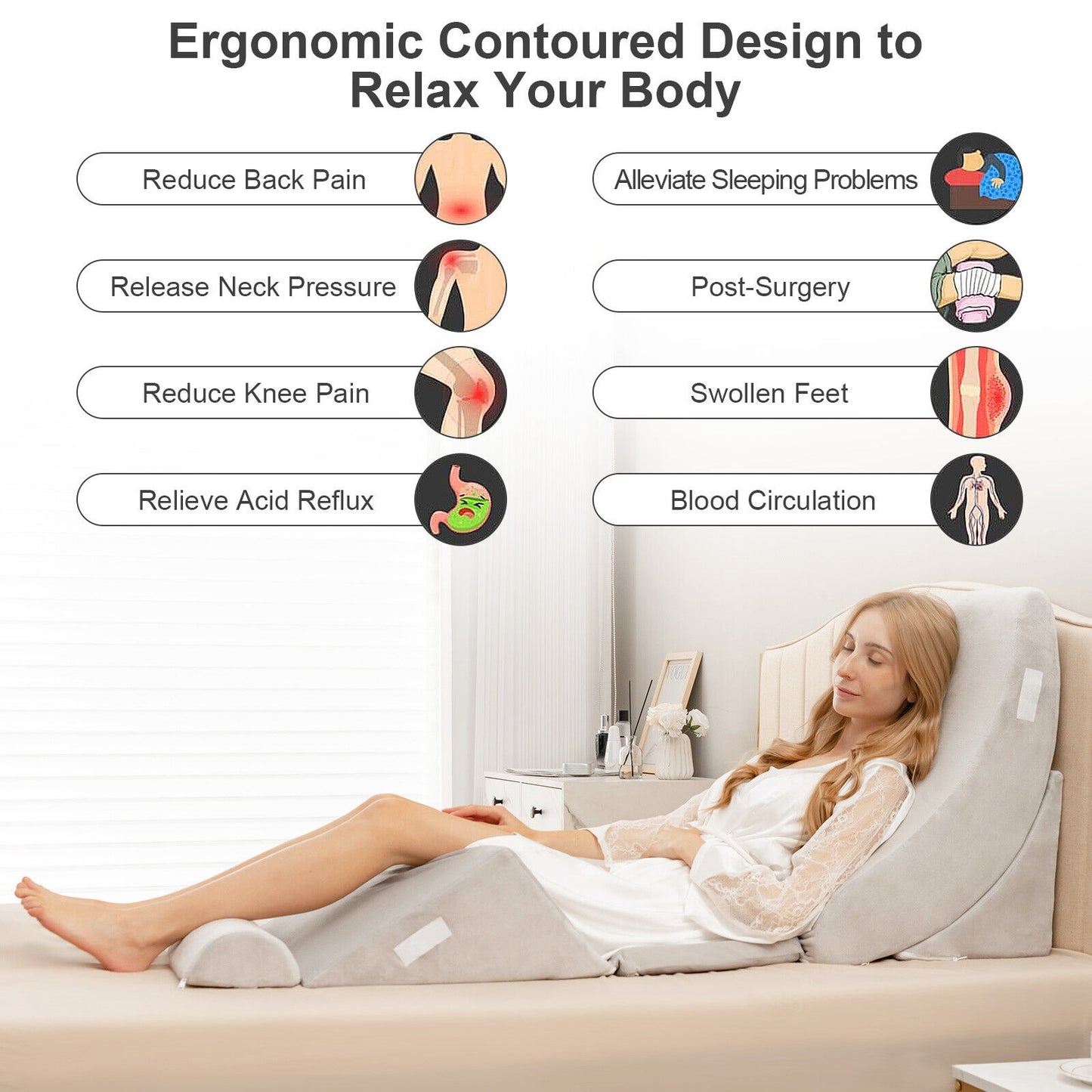 6 Piece Adjustable Bed Wedge Pillow Set for Full-Body Support and Pain Relief