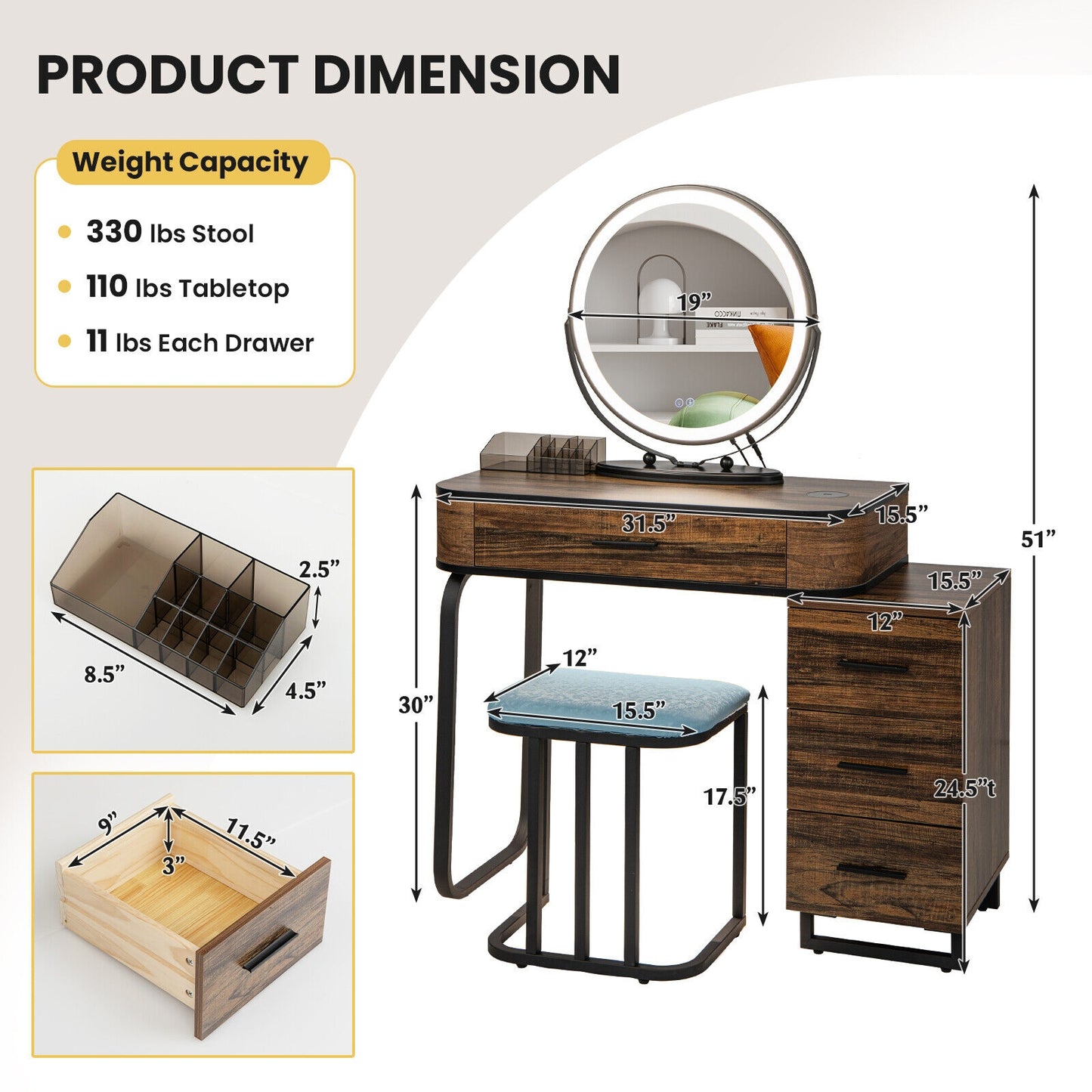 LED Vanity Set with Dimmable Mirror, Charging Station & Storage Chest
