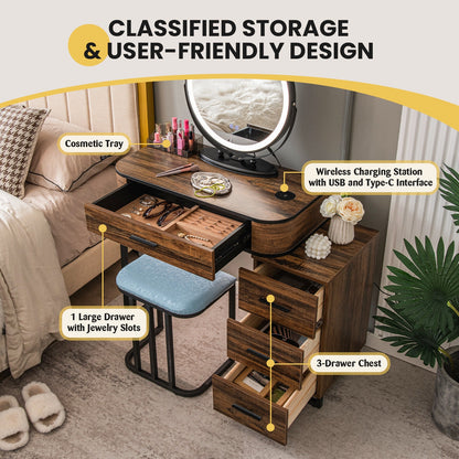 LED Vanity Set with Dimmable Mirror, Charging Station & Storage Chest