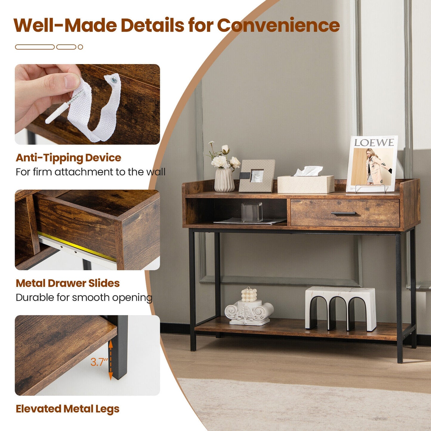 Spacious Long Console Table with Drawer and Durable Metal Frame for Entryway or Living Room