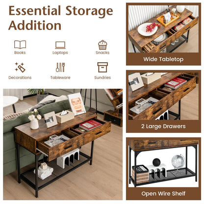 2 Drawer Industrial Console Table with Sturdy Metal Frame for Living Room Storage