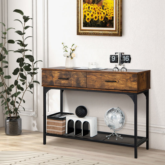 2 Drawer Industrial Console Table with Sturdy Metal Frame for Living Room Storage