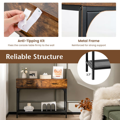 2 Drawer Industrial Console Table with Sturdy Metal Frame for Living Room Storage