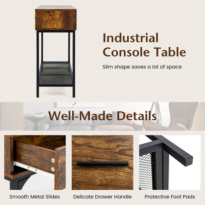 2 Drawer Industrial Console Table with Sturdy Metal Frame for Living Room Storage