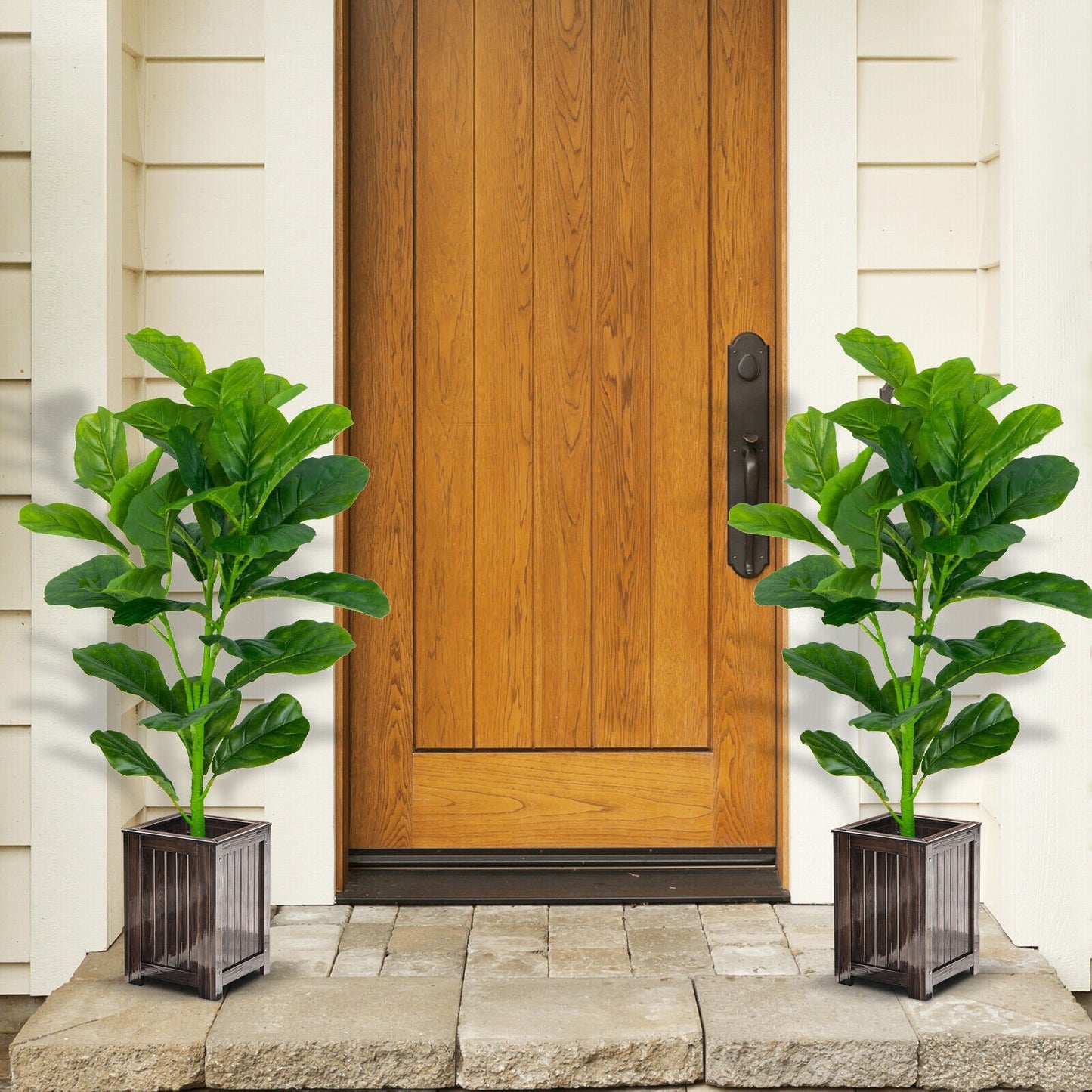 Set of 2 Lifelike Artificial Fiddle Leaf Fig Trees – Realistic Faux Indoor/Outdoor Plants