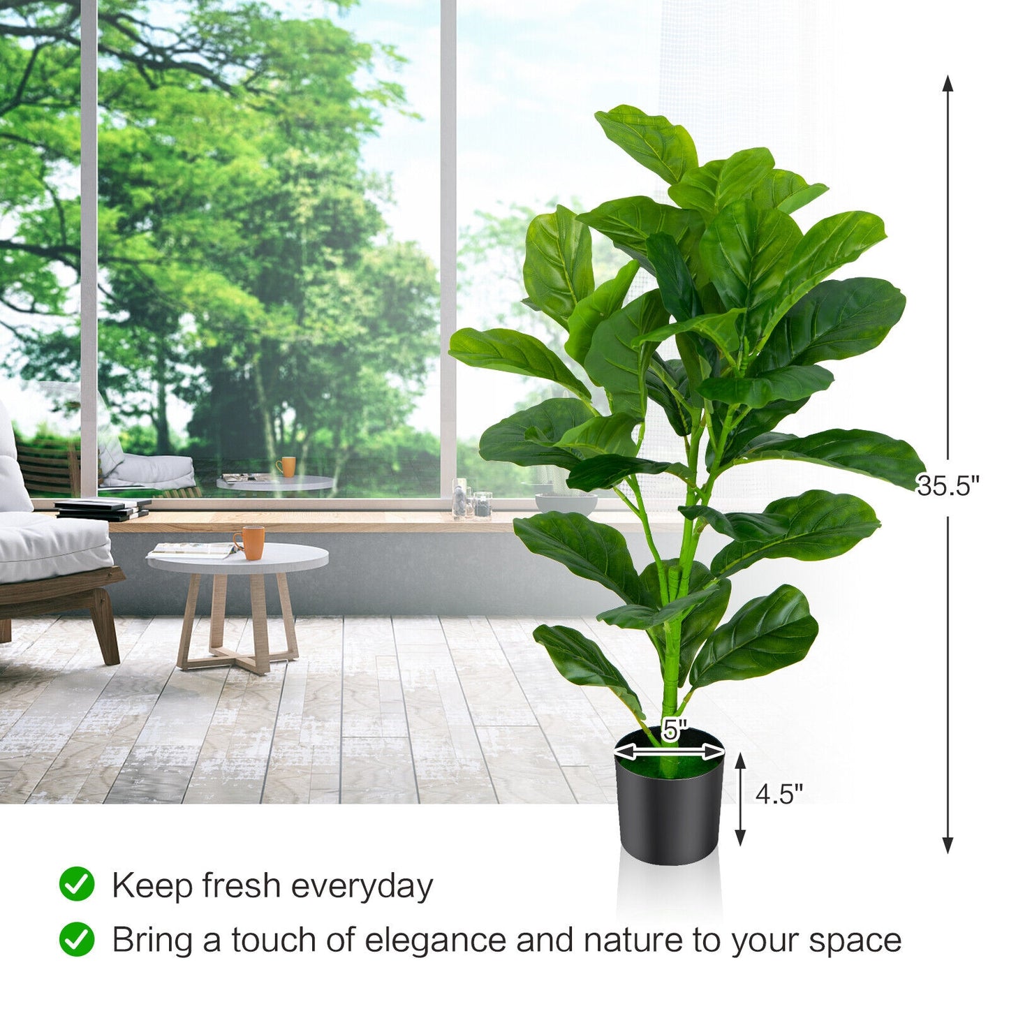 Set of 2 Lifelike Artificial Fiddle Leaf Fig Trees – Realistic Faux Indoor/Outdoor Plants