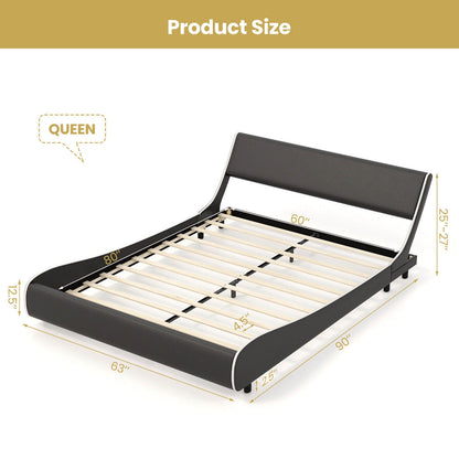 Low Profile Upholstered Faux Leather Platform Bed with Curved Headboard – Queen Size